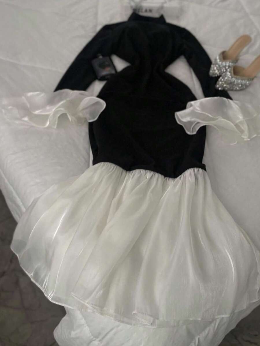 SHEIN INAWLY فستان أسود طويل بياقة عالية وحاشية مكسرة للمقاسات الكبيرة