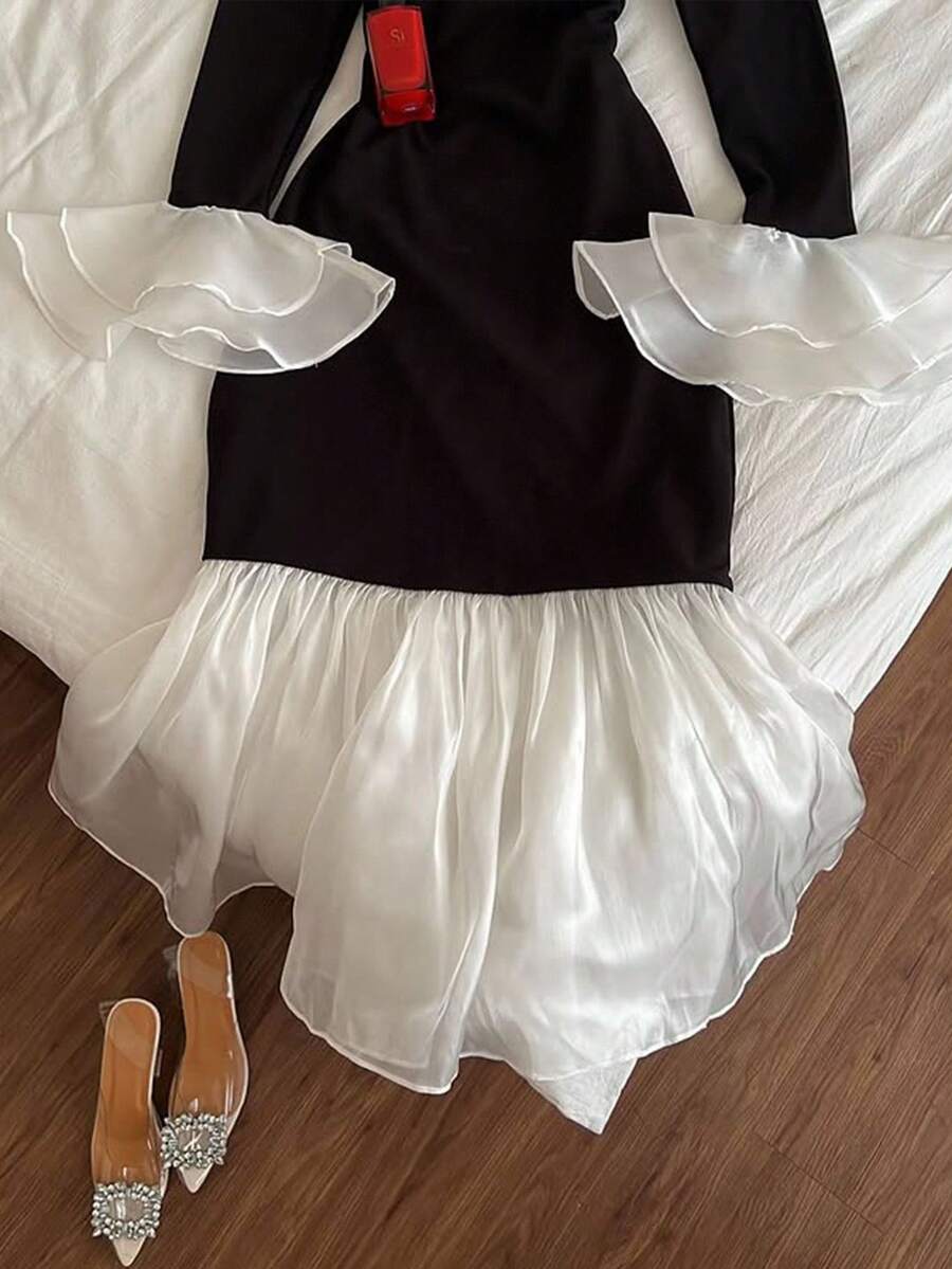 SHEIN INAWLY فستان أسود طويل بياقة عالية وحاشية مكسرة للمقاسات الكبيرة