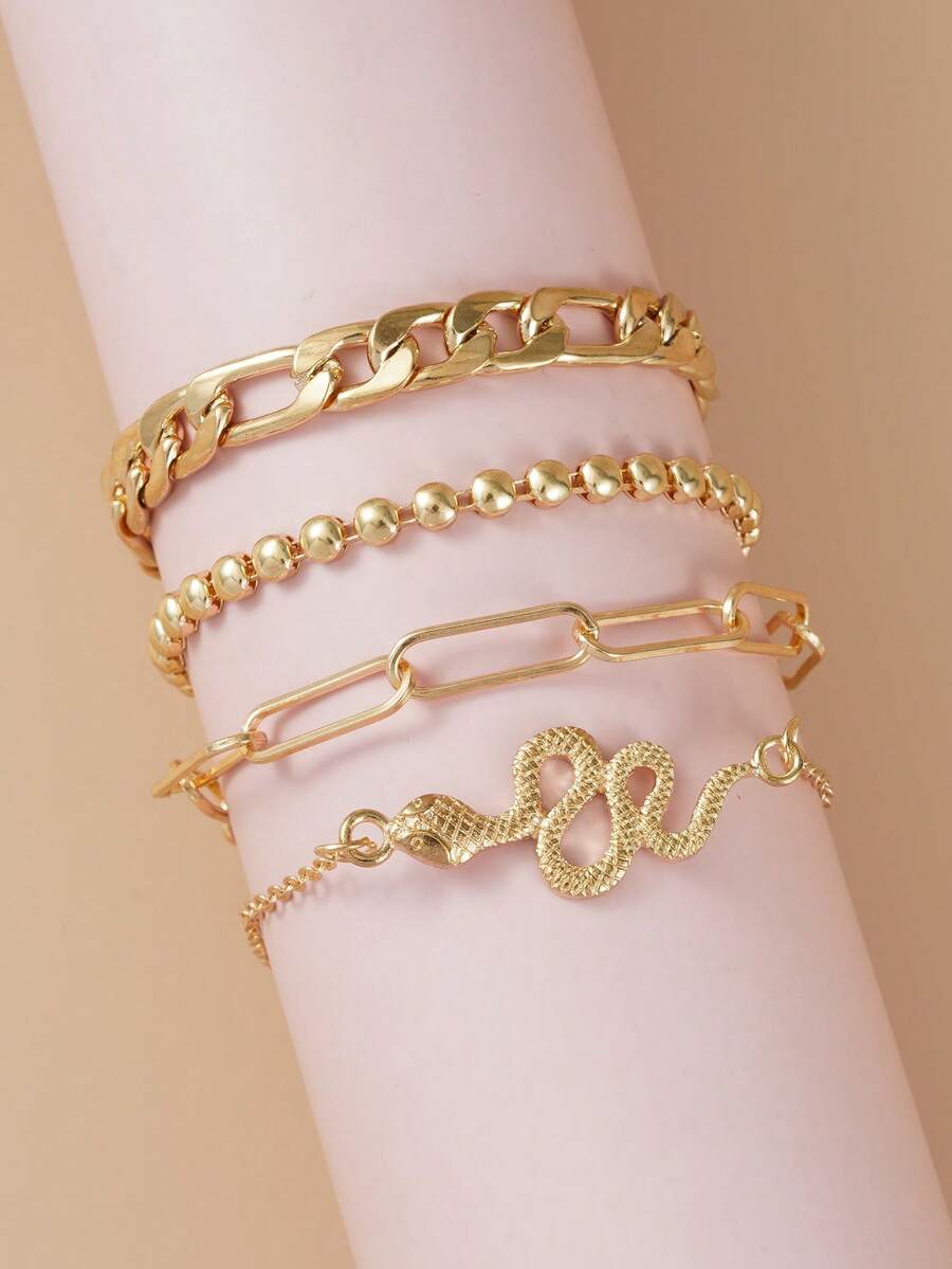 SHEIN طقم 4 سوار ذهبي سلسلة ثعبان بتصميم بانك روك