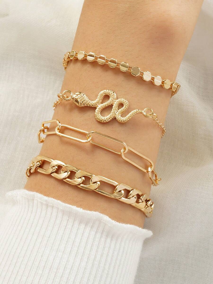 SHEIN طقم 4 سوار ذهبي سلسلة ثعبان بتصميم بانك روك