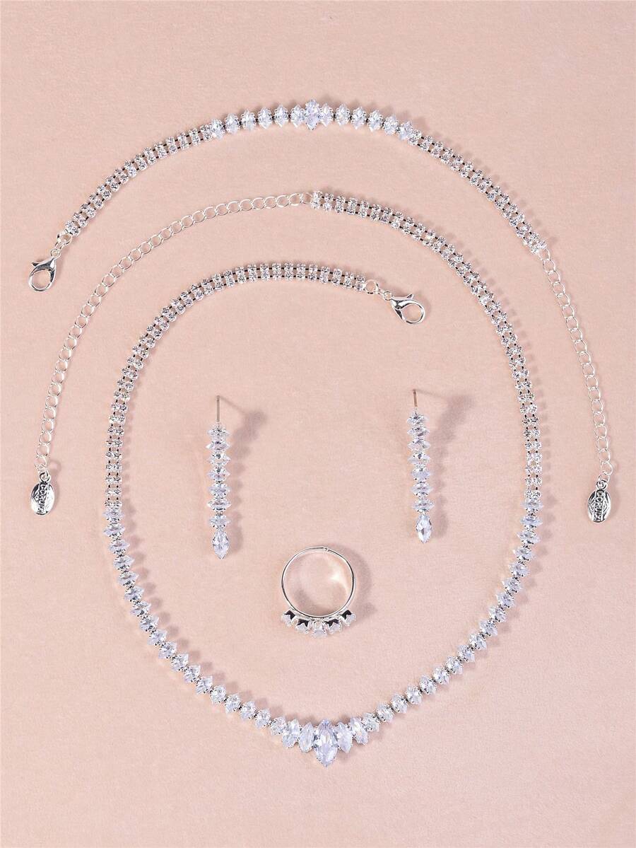 SHEIN طقم مجوهرات 4 قطع زركونيا فضي