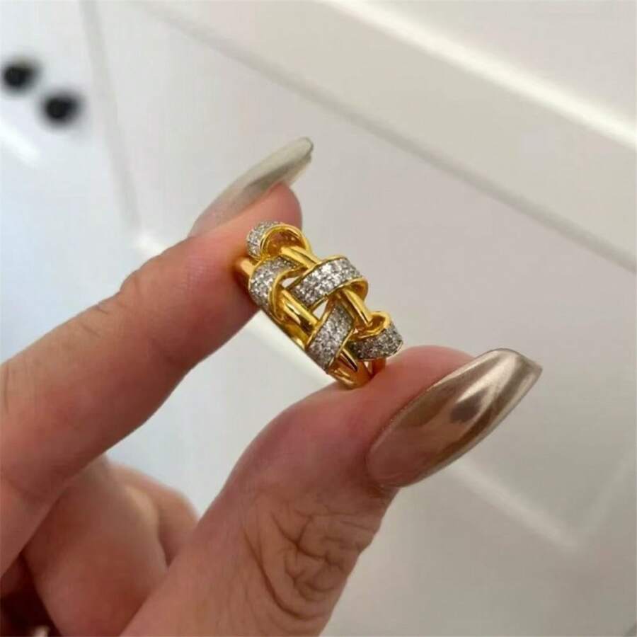 SHEIN VKHK خاتم مفتوح مطلي ذهب عيار 18 قيراط بزركونيا