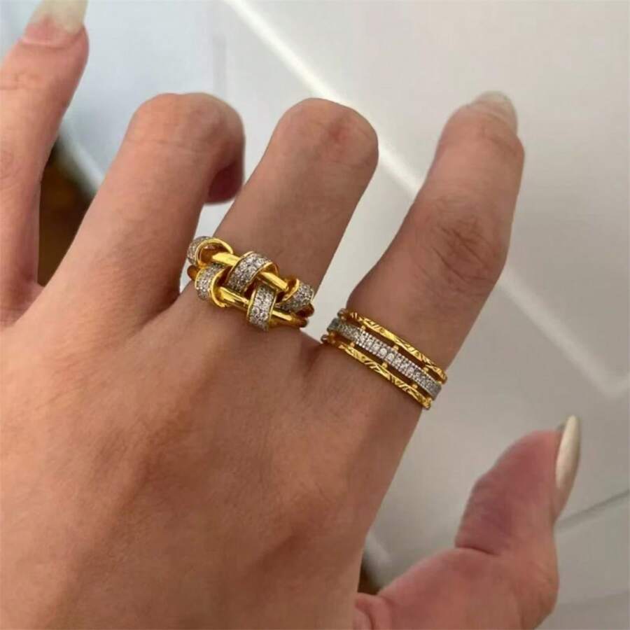 SHEIN VKHK خاتم مفتوح مطلي ذهب عيار 18 قيراط بزركونيا