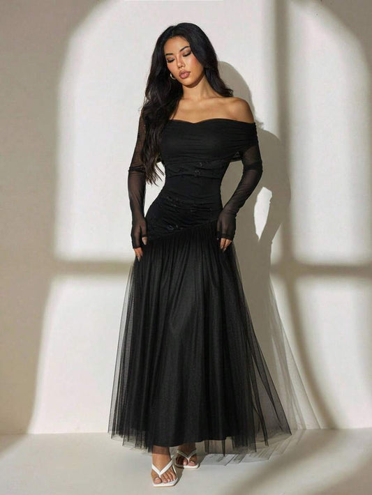 SHEIN PETITE فستان أسود بكتف واحد وذيل غير متماثل