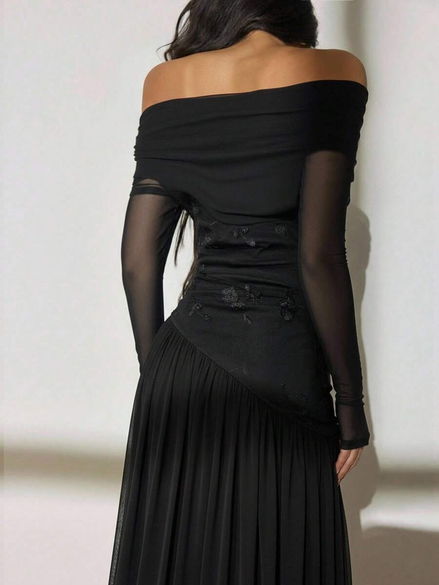 SHEIN PETITE فستان أسود بكتف واحد وذيل غير متماثل