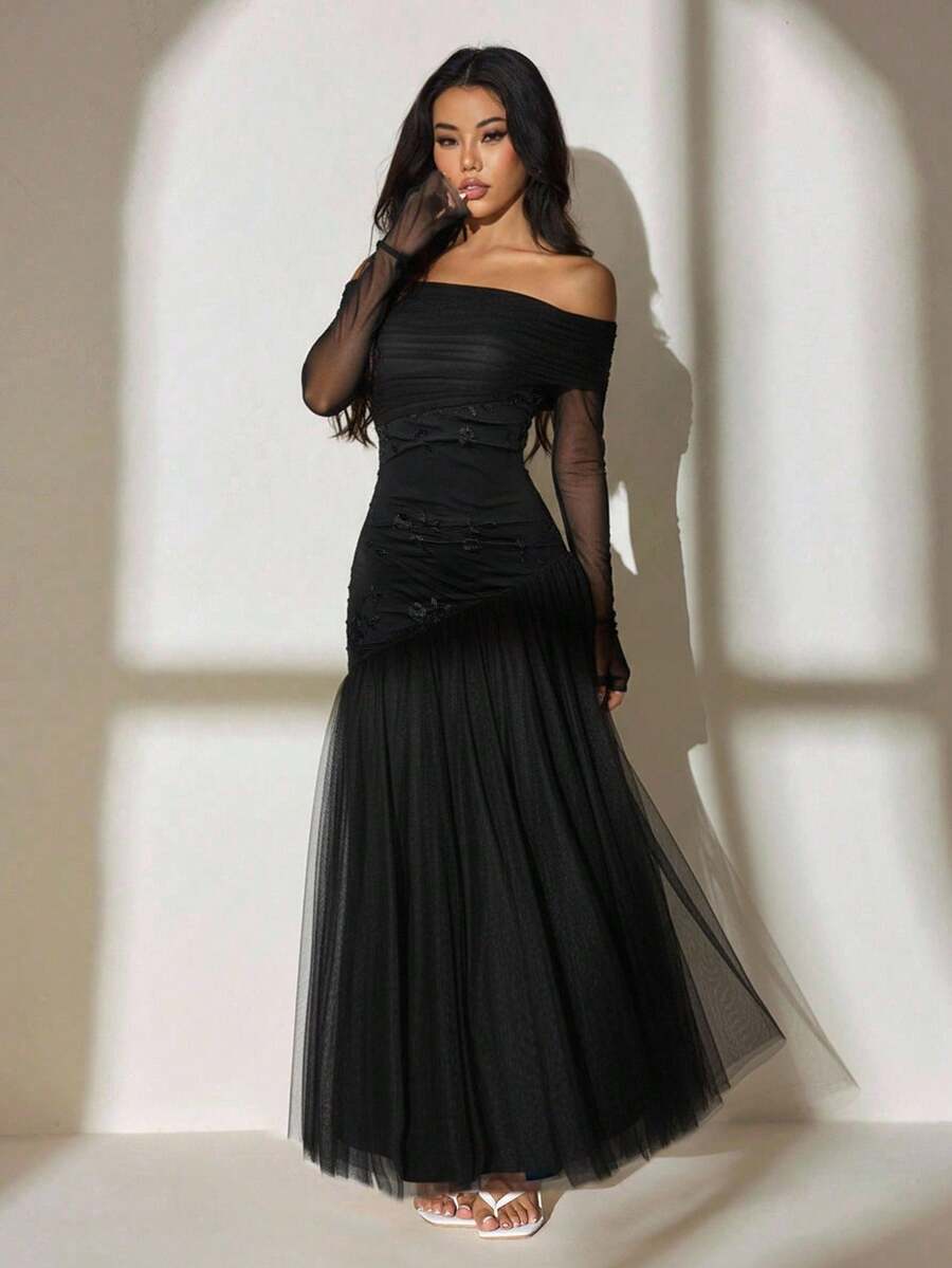 SHEIN PETITE فستان أسود بكتف واحد وذيل غير متماثل