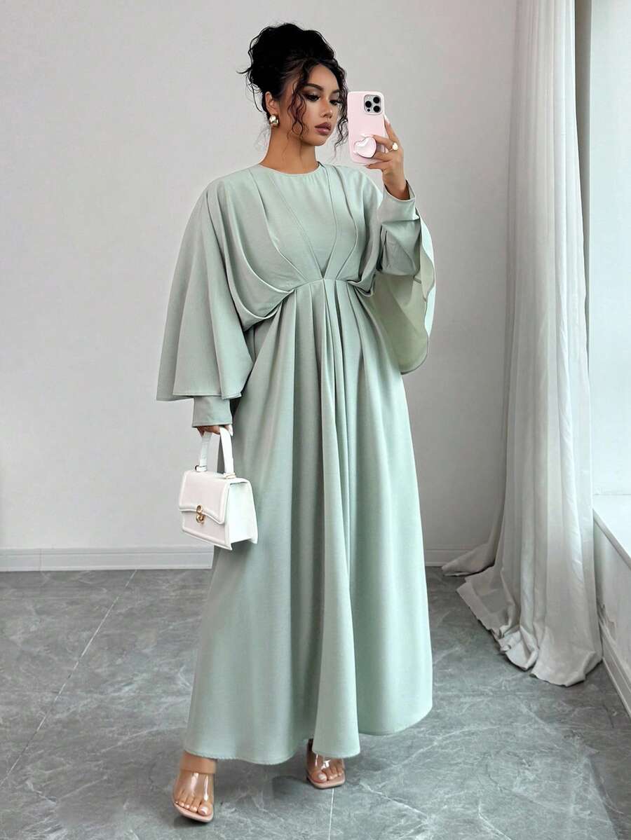 SHEIN Elenzga فستان ماكسي أخضر فاتح بكشكشة على الخصر وأكمام خفاش