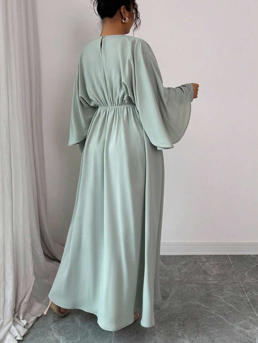 SHEIN Elenzga فستان ماكسي أخضر فاتح بكشكشة على الخصر وأكمام خفاش