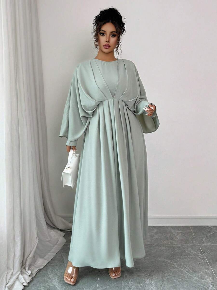 SHEIN Elenzga فستان ماكسي أخضر فاتح بكشكشة على الخصر وأكمام خفاش