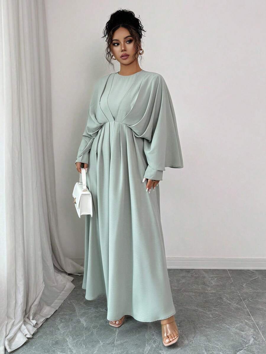 SHEIN Elenzga فستان ماكسي أخضر فاتح بكشكشة على الخصر وأكمام خفاش