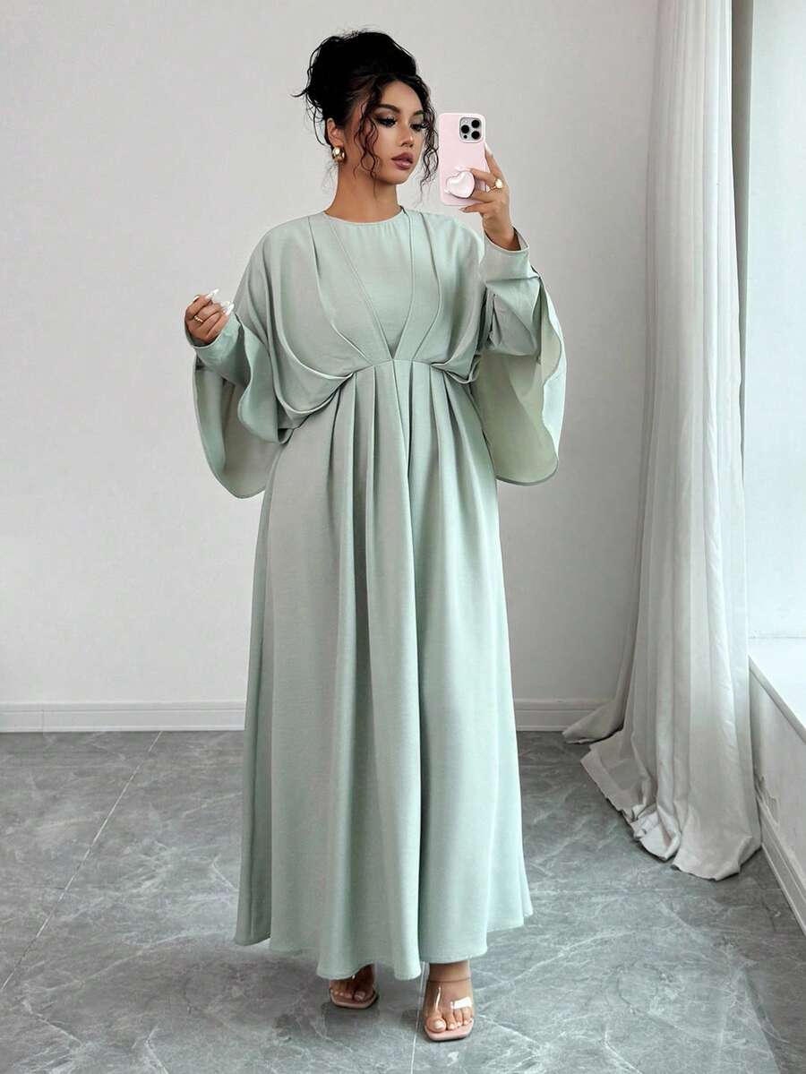 SHEIN Elenzga فستان ماكسي أخضر فاتح بكشكشة على الخصر وأكمام خفاش