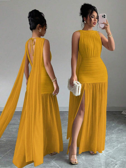 SHEIN Elenzga فستان اصفر بدون أكمام بشق جانبي