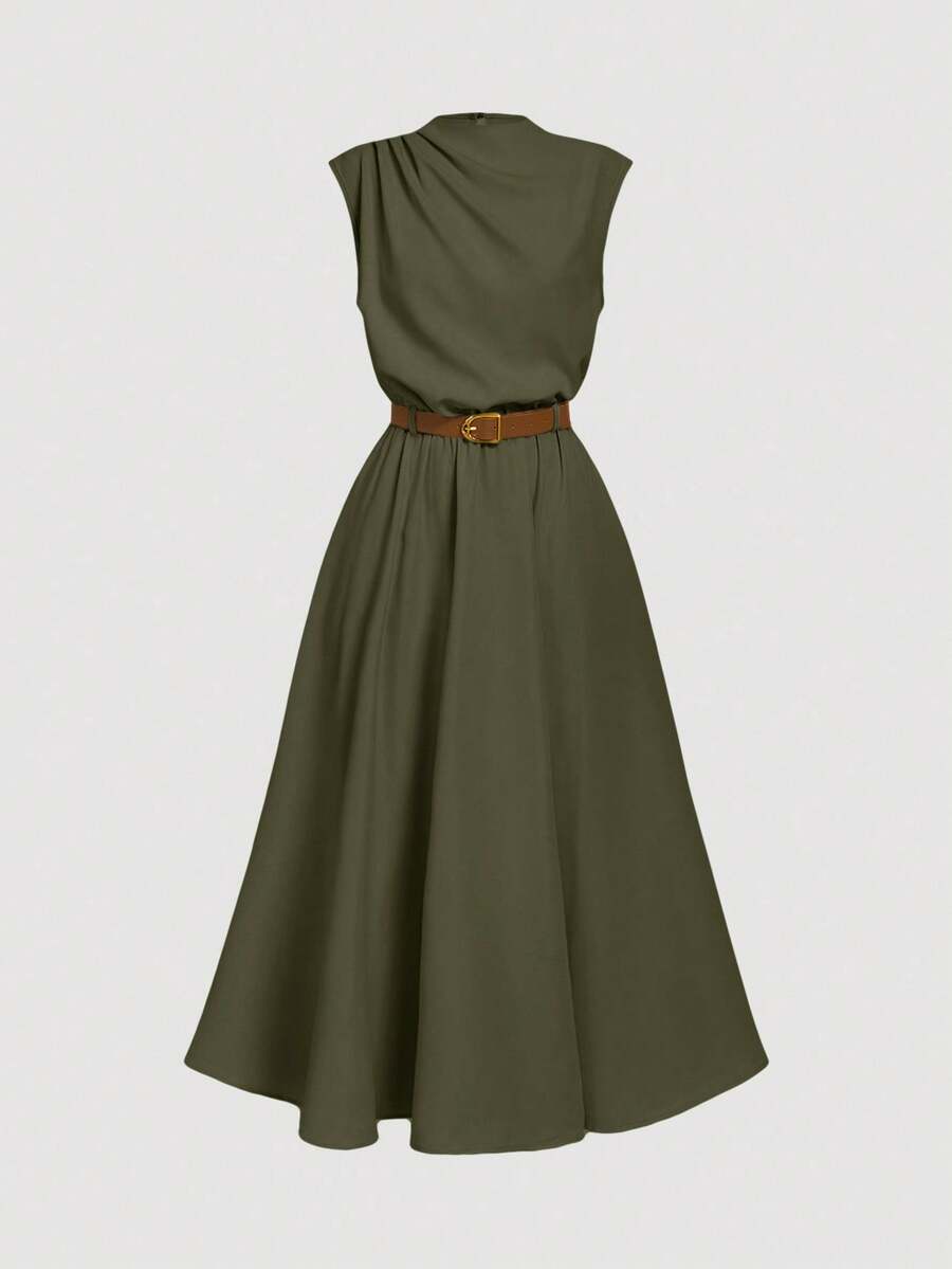 SHEIN MOD فستان اخضر أنيق بدون أكمام مع حزام