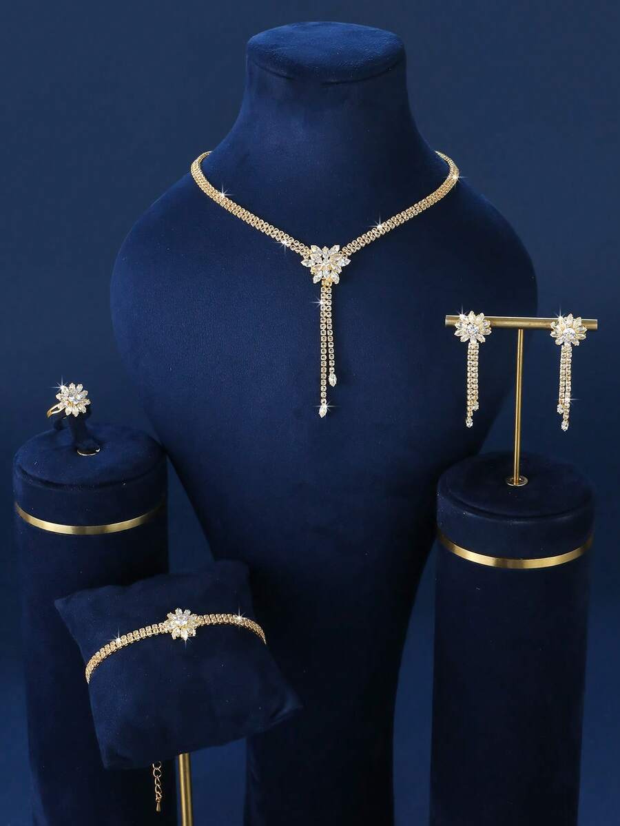 SHEIN طقم مجوهرات 5 قطع زركونيا بتصميم زهور