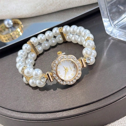 SHEIN ساعة نسائية بإطار من السبيكة المرصع بالكريستال واللؤلؤ صناعي