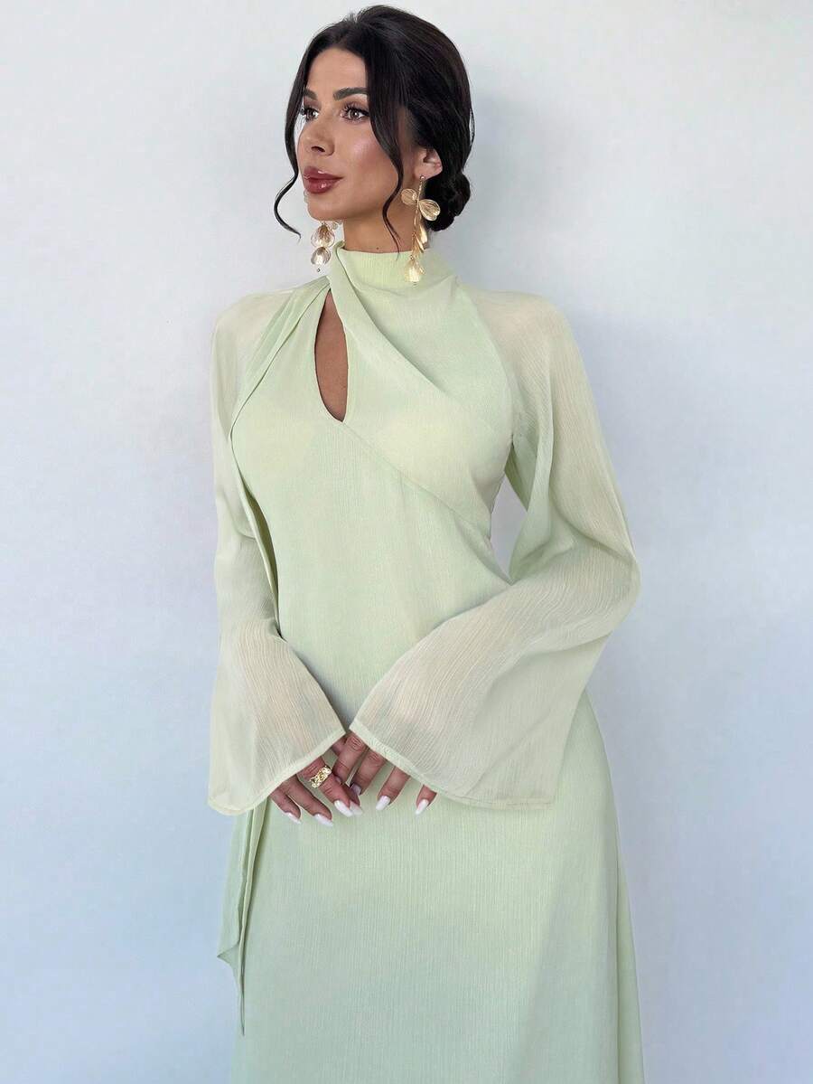 SHEIN Firerie فستان أخضر بأكمام طويلة وربطة عنق بخصر مفرغ