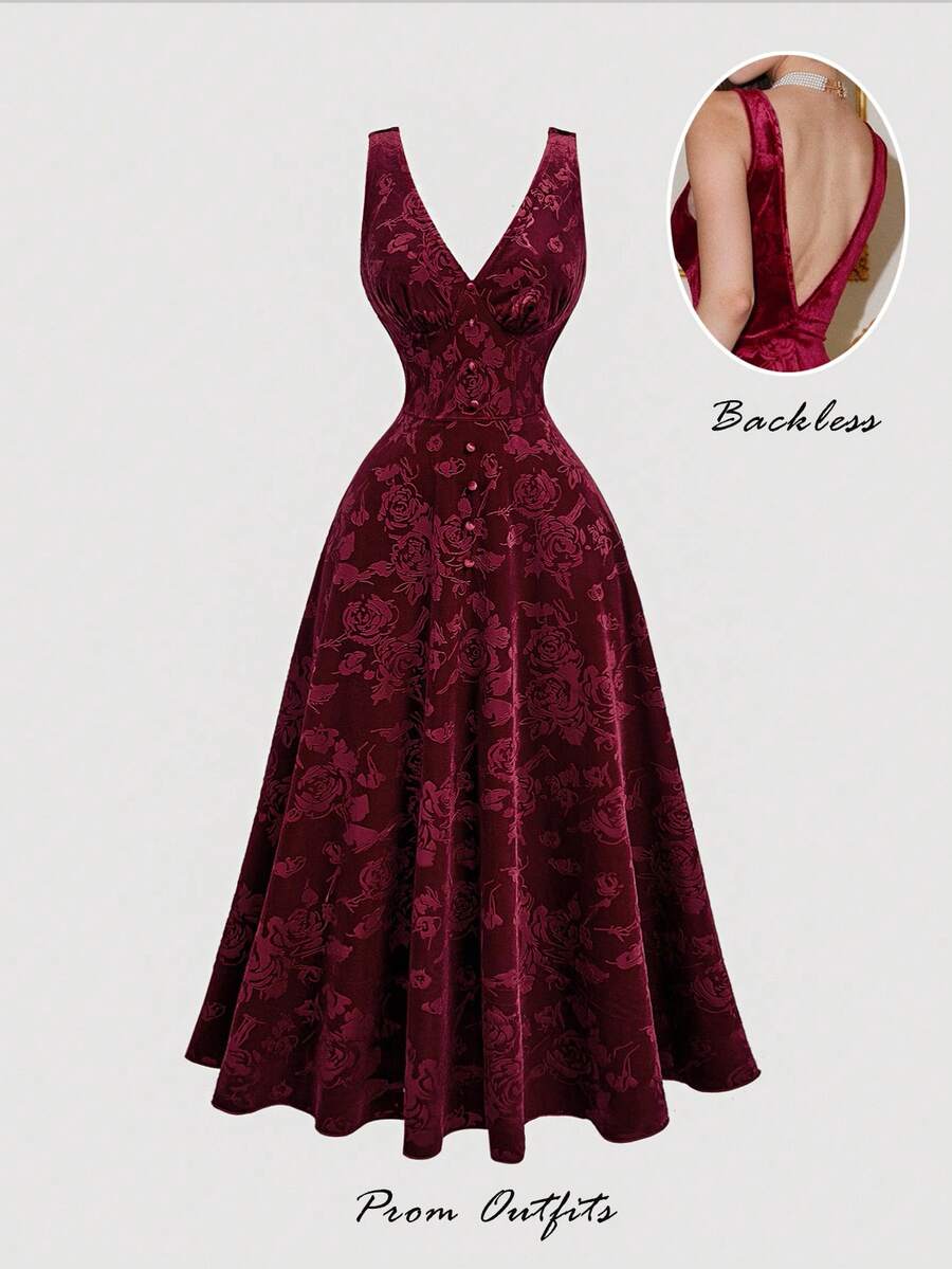 SHEIN MOD فستان ماكسي بدون أكمام مطبوع باللون العنابي