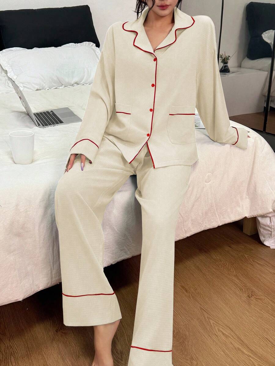 SHEIN طقم بيجامة بياقه مطوية و أكمام طويلة وبنطال