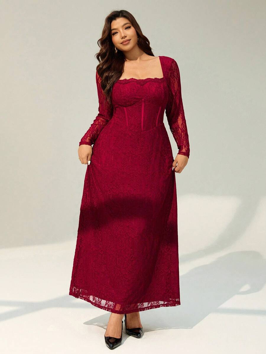 SHEIN Auralis فستان عنابي أنيق بأكمام طويلة وياقة مربعة