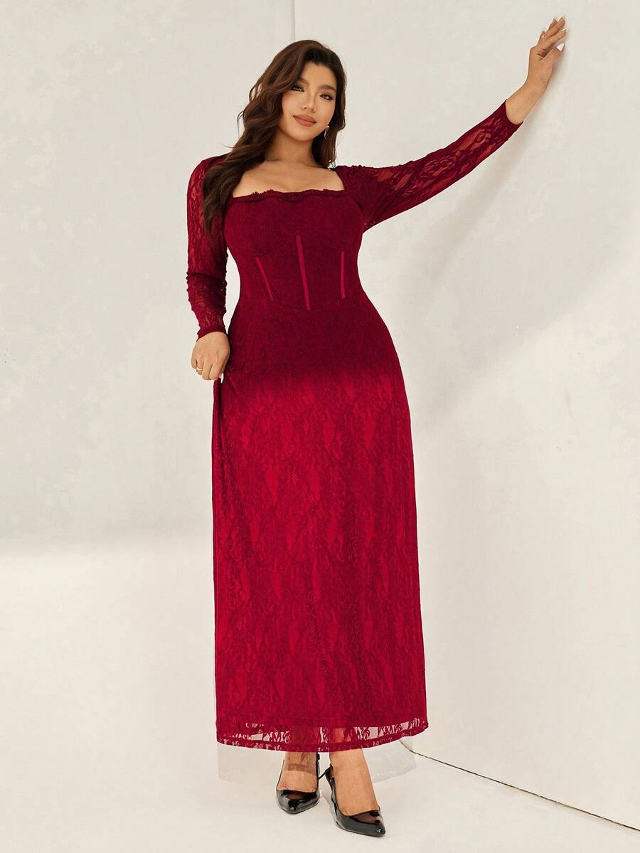 SHEIN Auralis فستان عنابي أنيق بأكمام طويلة وياقة مربعة