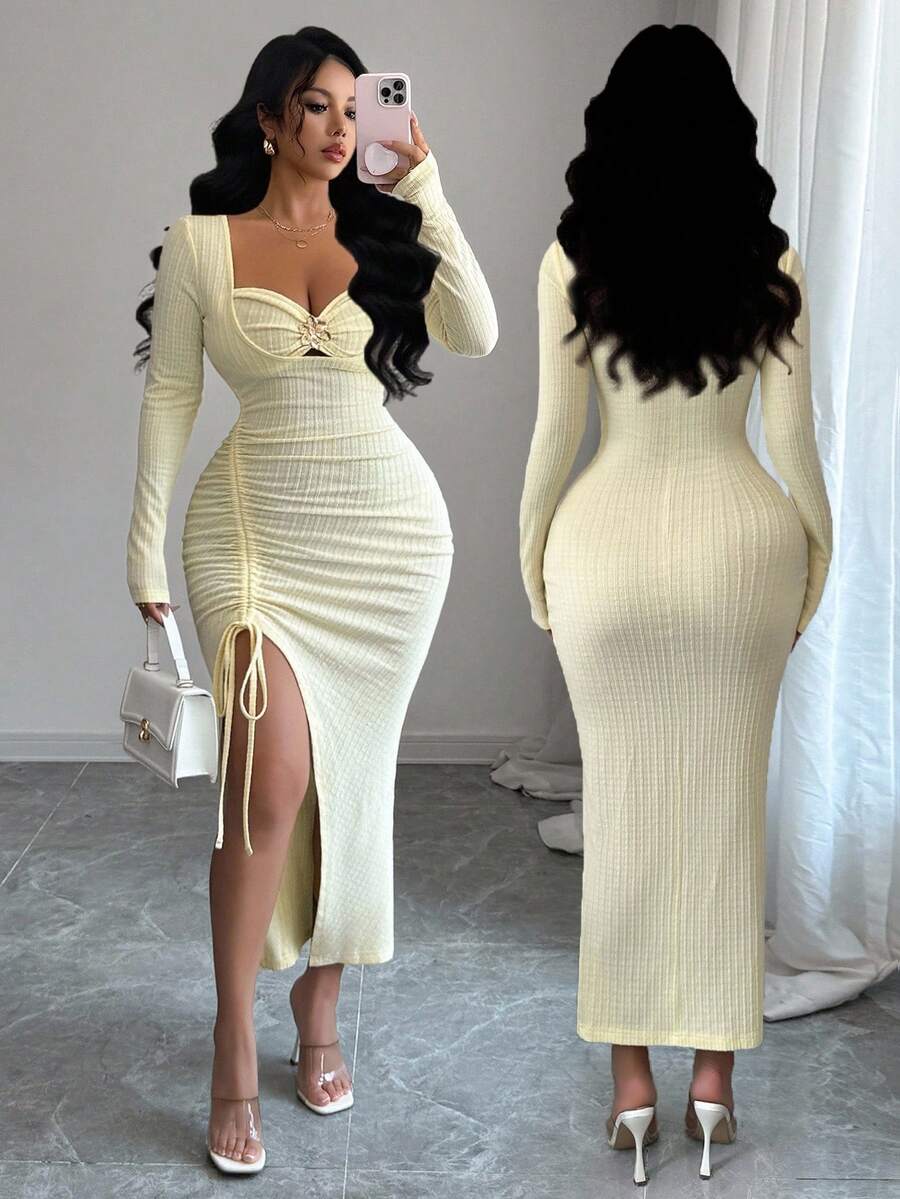 SHEIN Elenzga فستان بنقشة زهور معدنية برقبة مربعة وشق