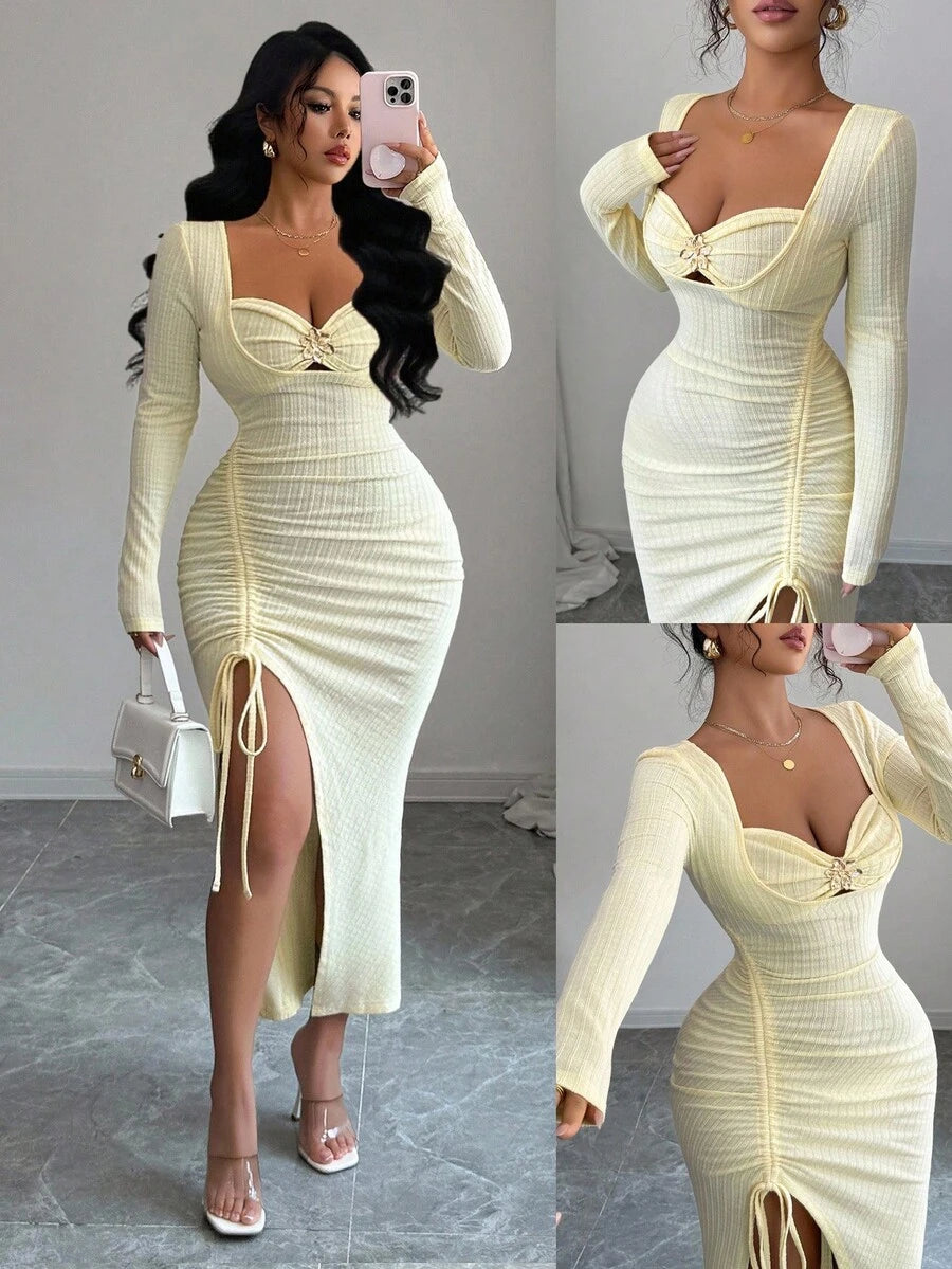 SHEIN Elenzga فستان بنقشة زهور معدنية برقبة مربعة وشق