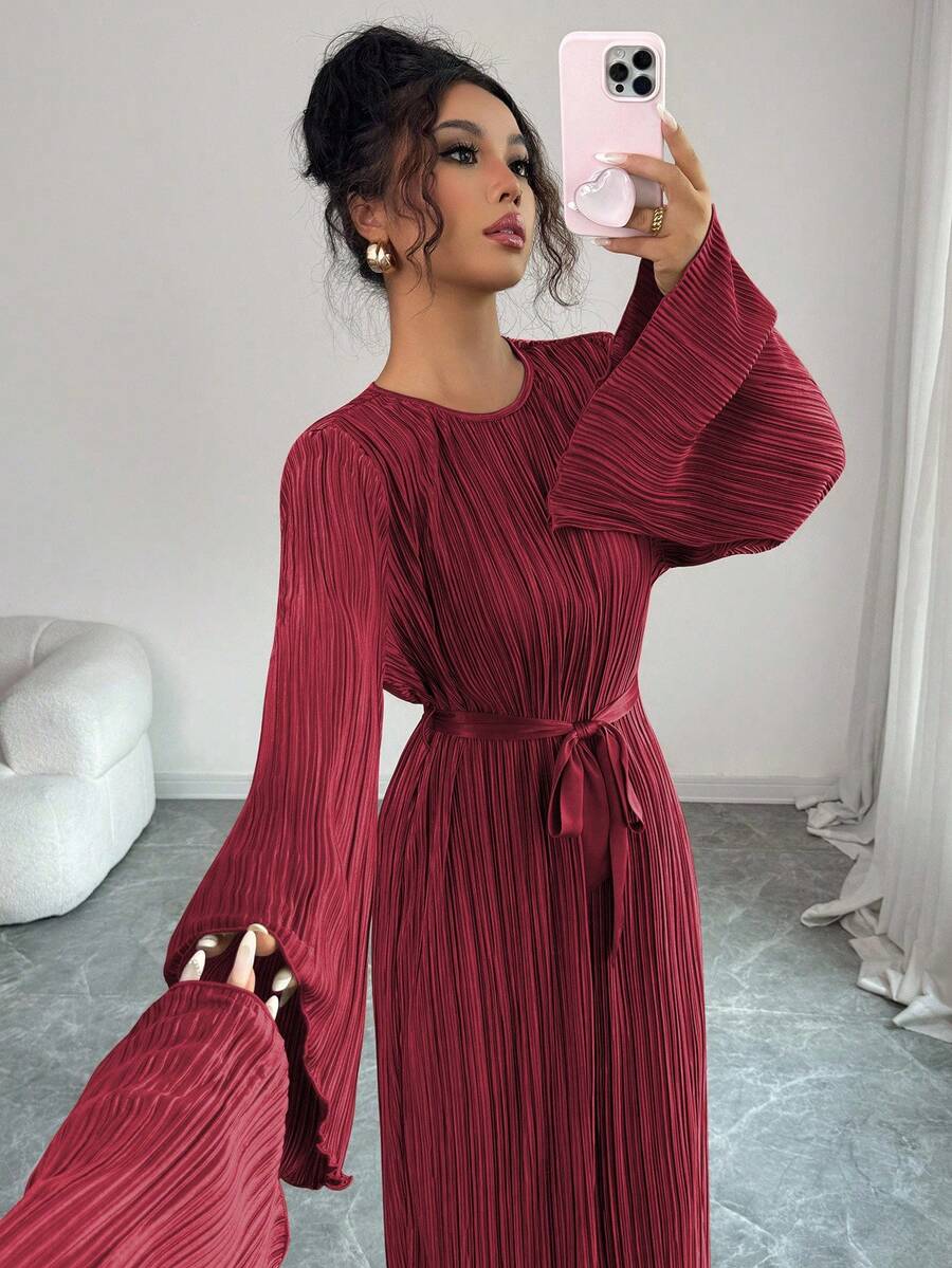 SHEIN Elenzga فستان عنابي متوسط الطول بأكمام متسعة وربطة خصر