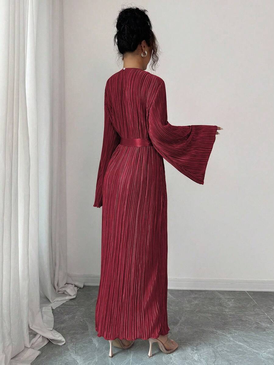 SHEIN Elenzga فستان عنابي متوسط الطول بأكمام متسعة وربطة خصر