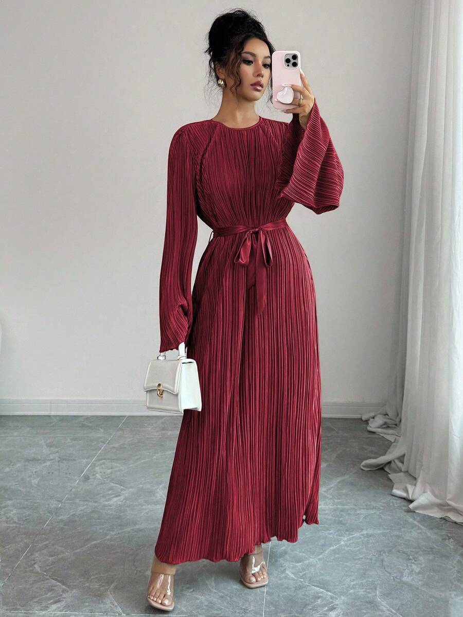 SHEIN Elenzga فستان عنابي متوسط الطول بأكمام متسعة وربطة خصر