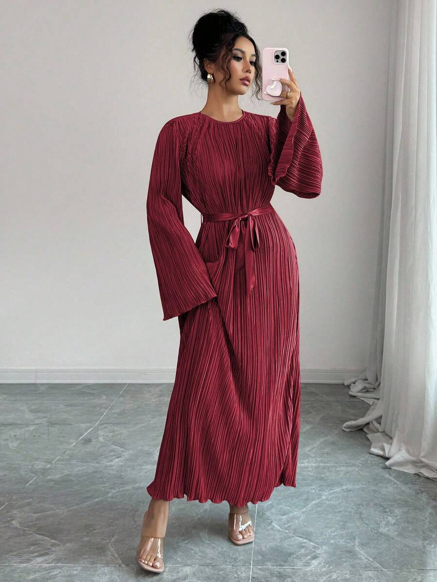SHEIN Elenzga فستان عنابي متوسط الطول بأكمام متسعة وربطة خصر