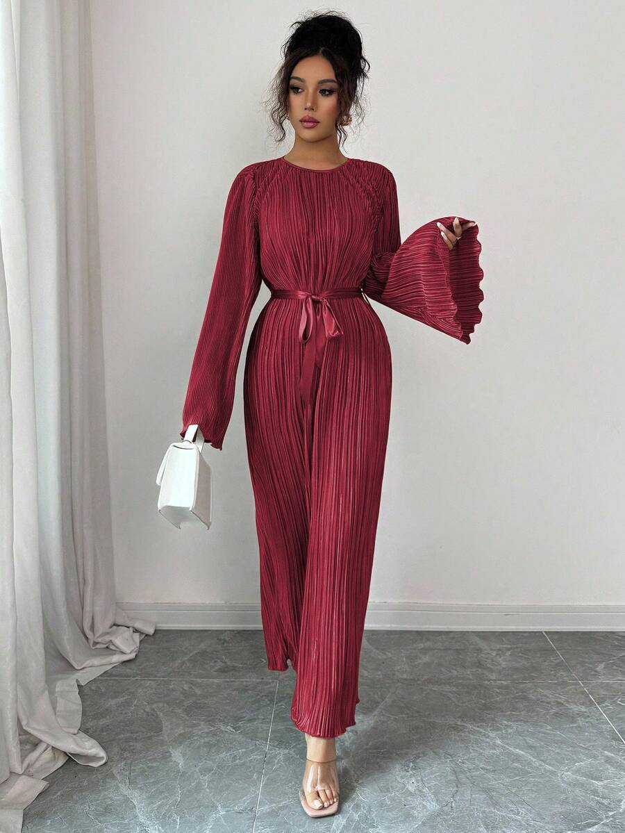 SHEIN Elenzga فستان عنابي متوسط الطول بأكمام متسعة وربطة خصر