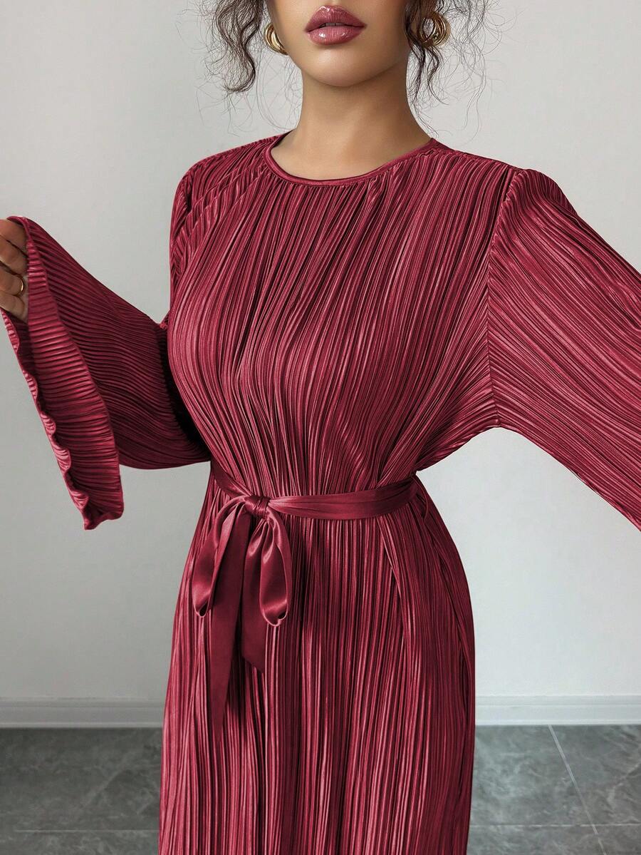 SHEIN Elenzga فستان عنابي متوسط الطول بأكمام متسعة وربطة خصر