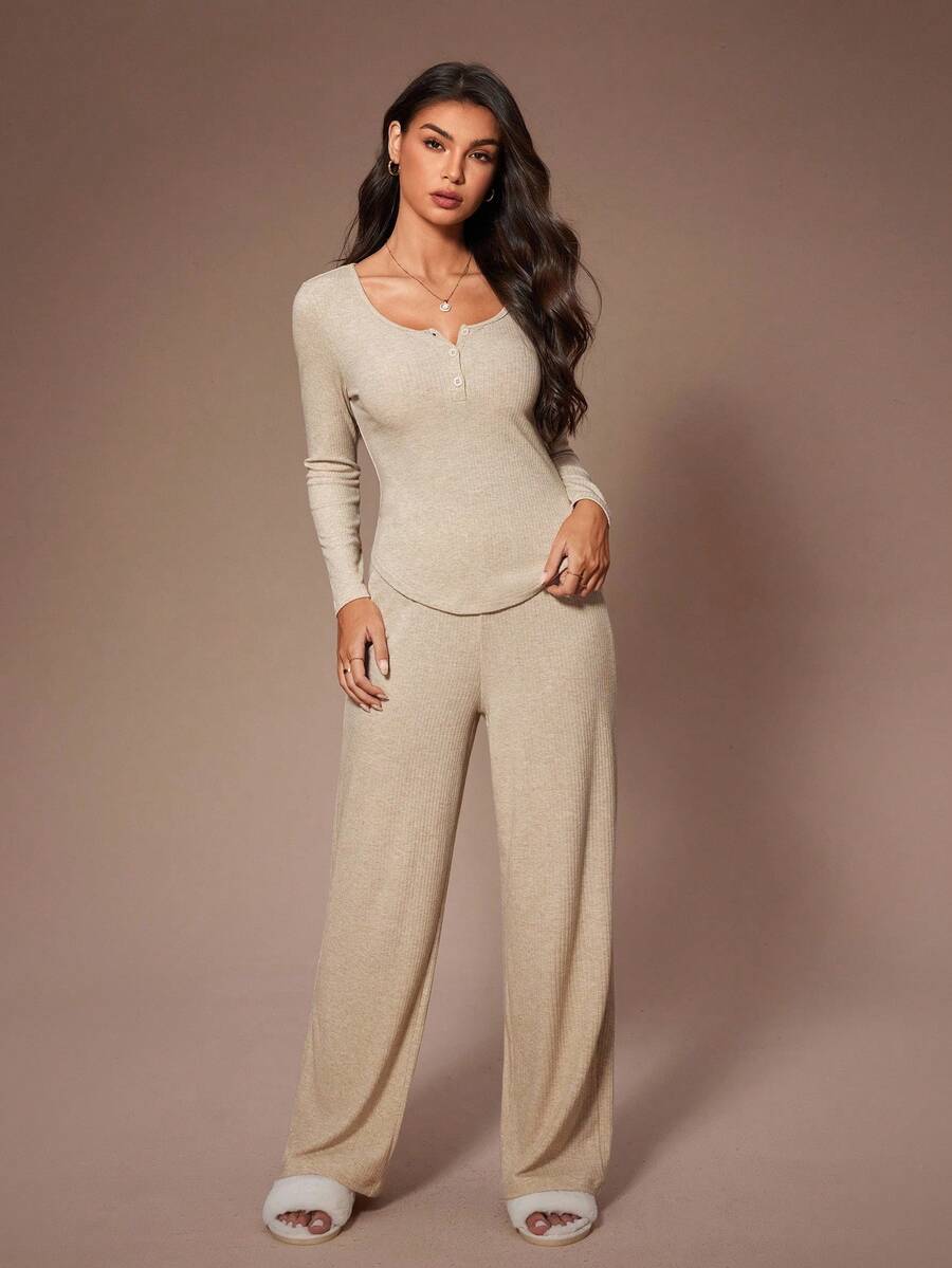 SHEIN Lazeform طقم بيجامة 2 قطعة بلوزة بياقة دائرية وأكمام طويلة وبنطلون