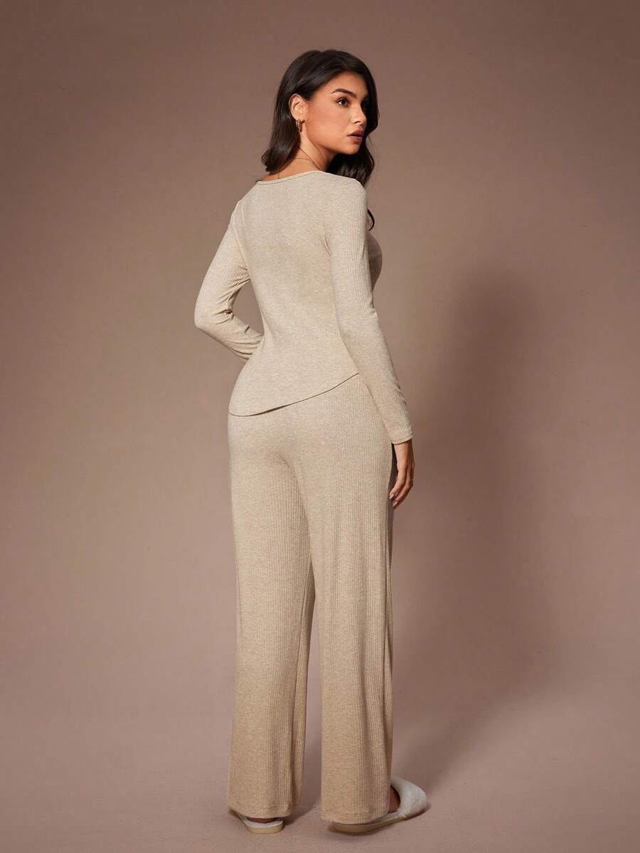 SHEIN Lazeform طقم بيجامة 2 قطعة بلوزة بياقة دائرية وأكمام طويلة وبنطلون