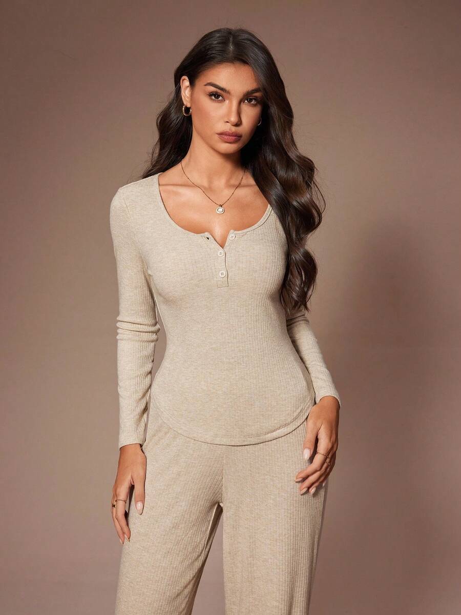 SHEIN Lazeform طقم بيجامة 2 قطعة بلوزة بياقة دائرية وأكمام طويلة وبنطلون