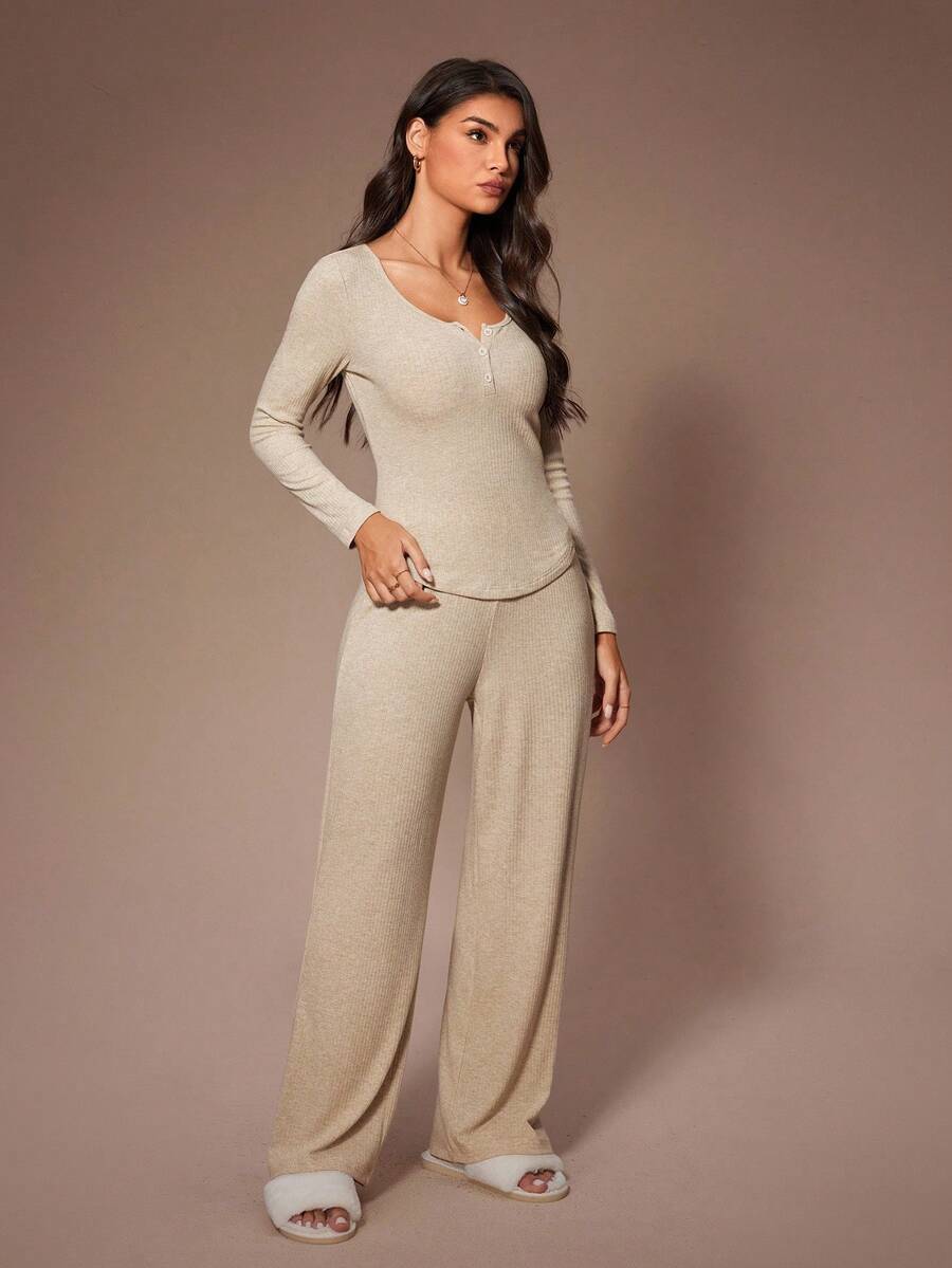 SHEIN Lazeform طقم بيجامة 2 قطعة بلوزة بياقة دائرية وأكمام طويلة وبنطلون