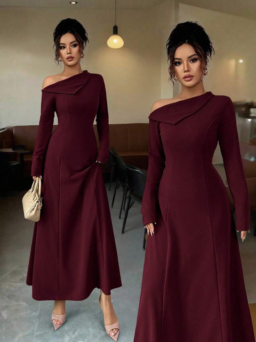 SHEIN Elenzga فستان طويل أنيق بكتف مكشوف وربطة خصر