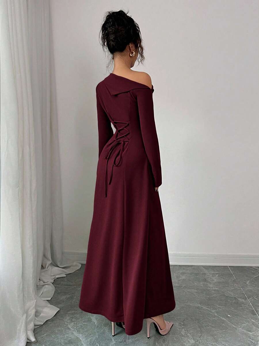 SHEIN Elenzga فستان طويل أنيق بكتف مكشوف وربطة خصر