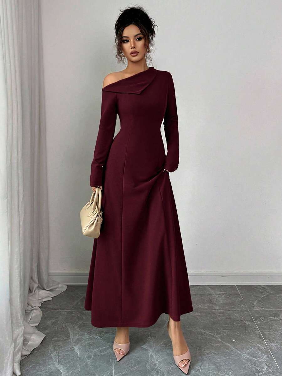 SHEIN Elenzga فستان طويل أنيق بكتف مكشوف وربطة خصر