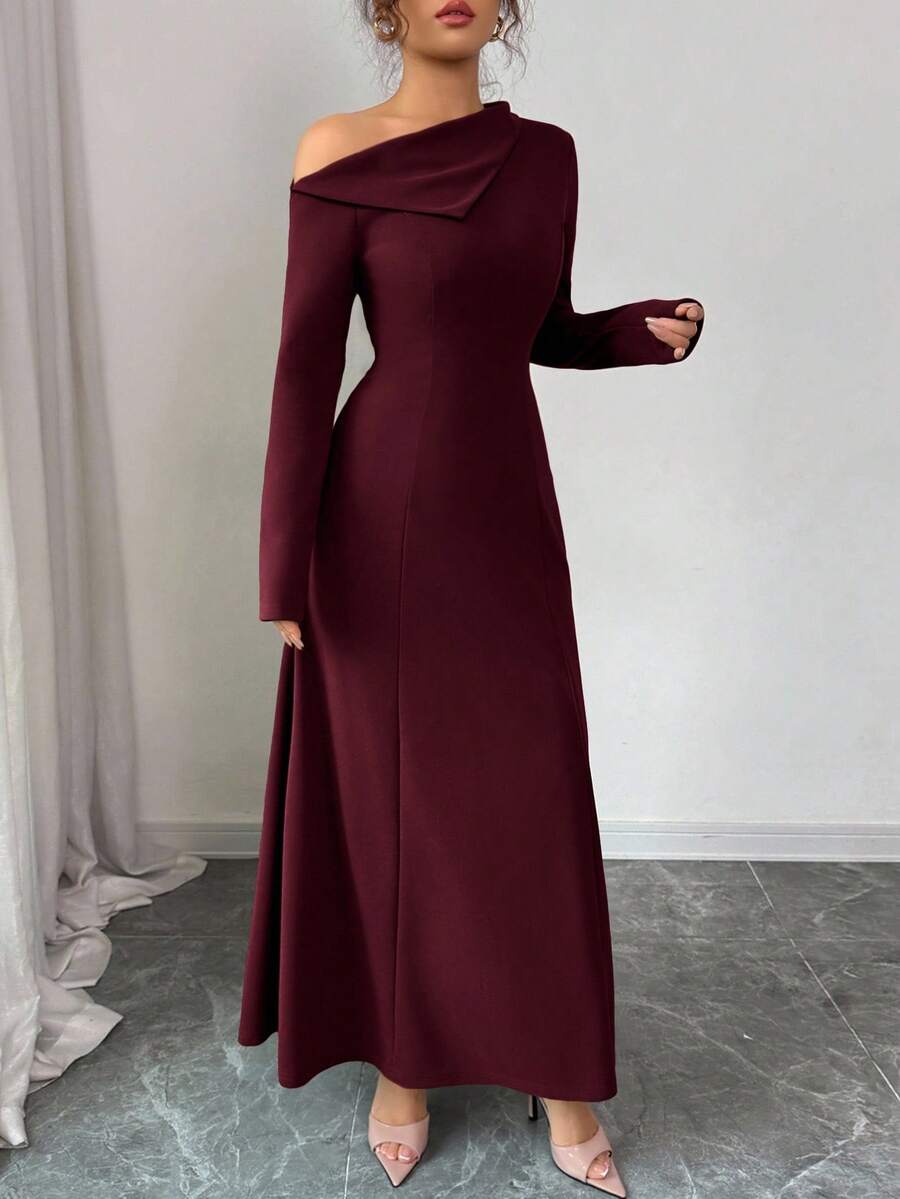 SHEIN Elenzga فستان طويل أنيق بكتف مكشوف وربطة خصر