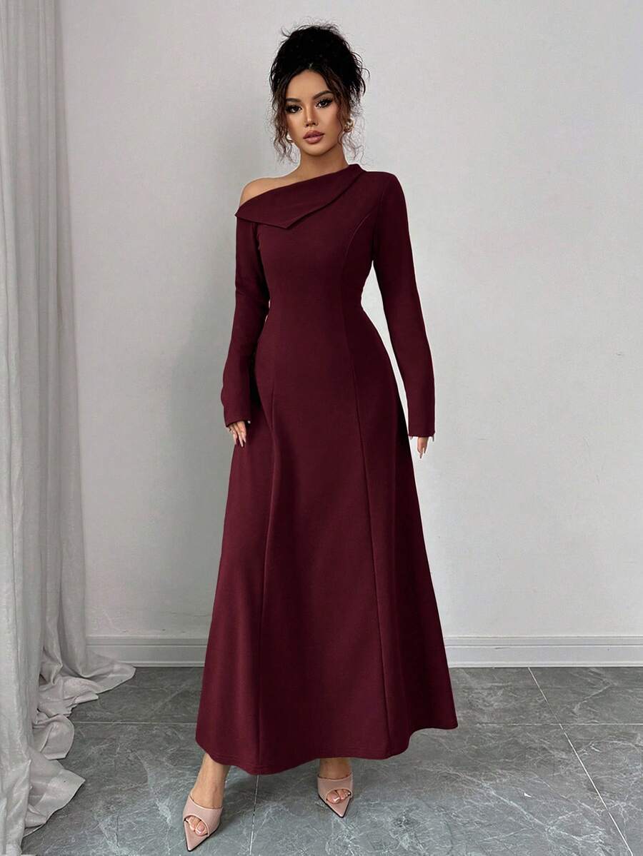 SHEIN Elenzga فستان طويل أنيق بكتف مكشوف وربطة خصر