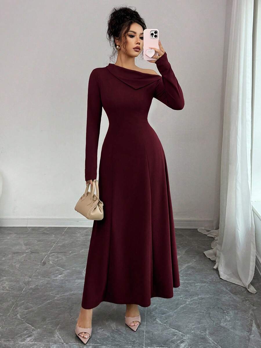 SHEIN Elenzga فستان طويل أنيق بكتف مكشوف وربطة خصر