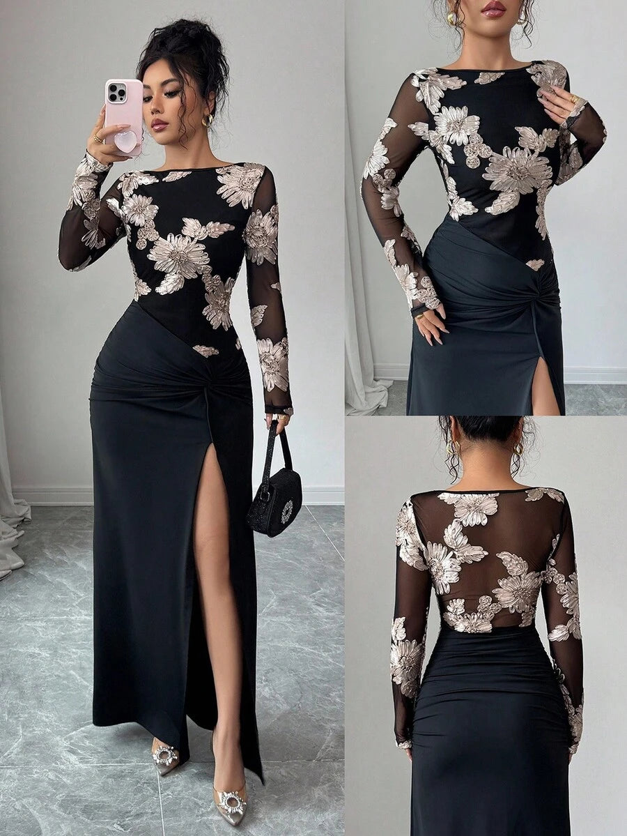 SHEIN Rafferiza فستان اسود مطرز بالشبك بشق عالي