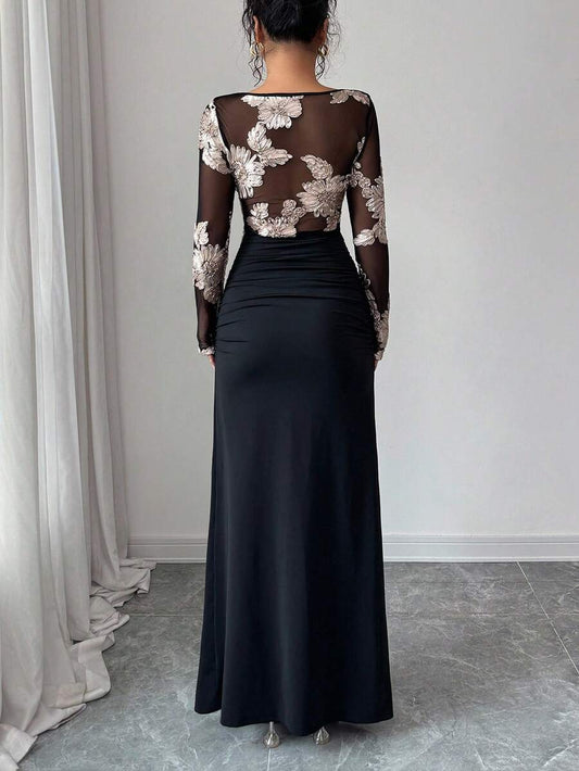 SHEIN Rafferiza فستان اسود مطرز بالشبك بشق عالي