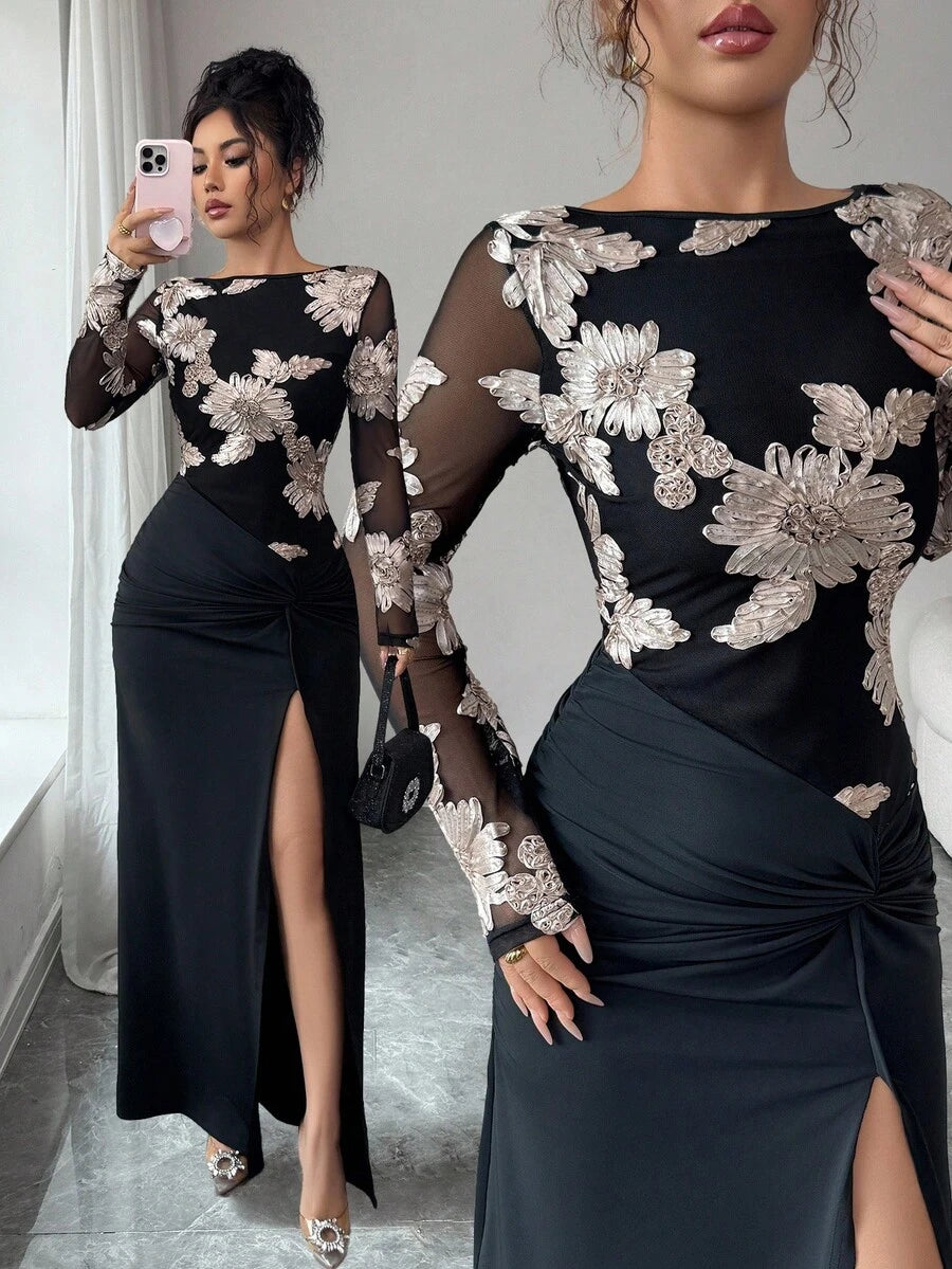 SHEIN Rafferiza فستان اسود مطرز بالشبك بشق عالي