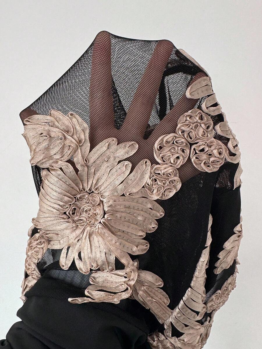 SHEIN Rafferiza فستان اسود مطرز بالشبك بشق عالي