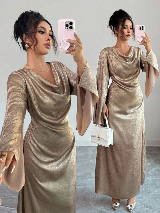 SHEIN Elenzga فستان ذهبي أنيق بأكمام واسعة معدنية