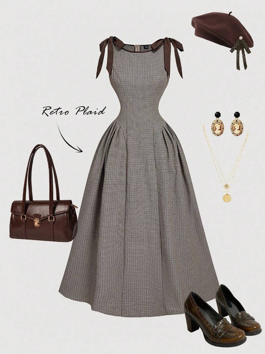 SHEIN MOD فستان كاروهات بياقة مستديرة بلا أكمام وفيونكة على الخصر