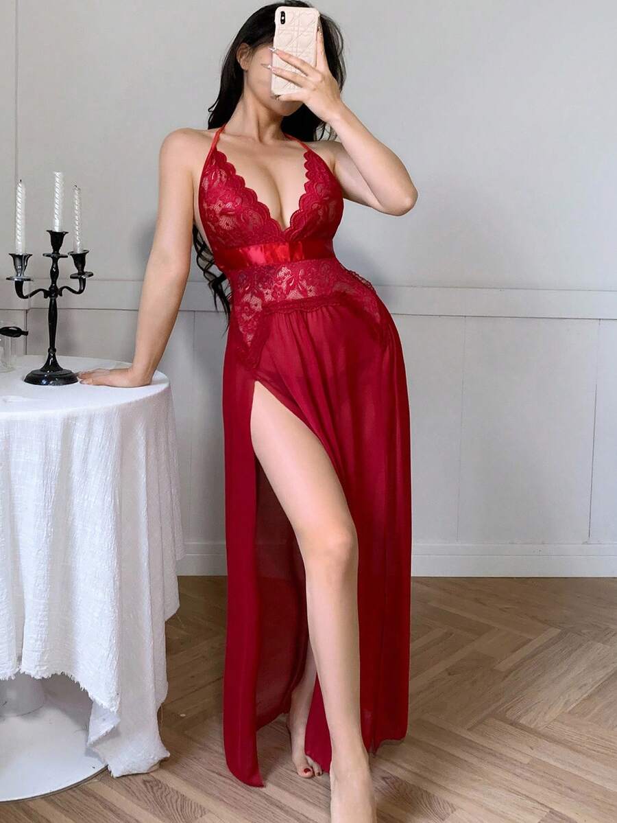 SHEIN V ثوب نوم طويل شبك حريري بشق بشكل