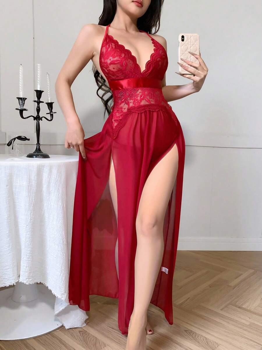 SHEIN V ثوب نوم طويل شبك حريري بشق بشكل